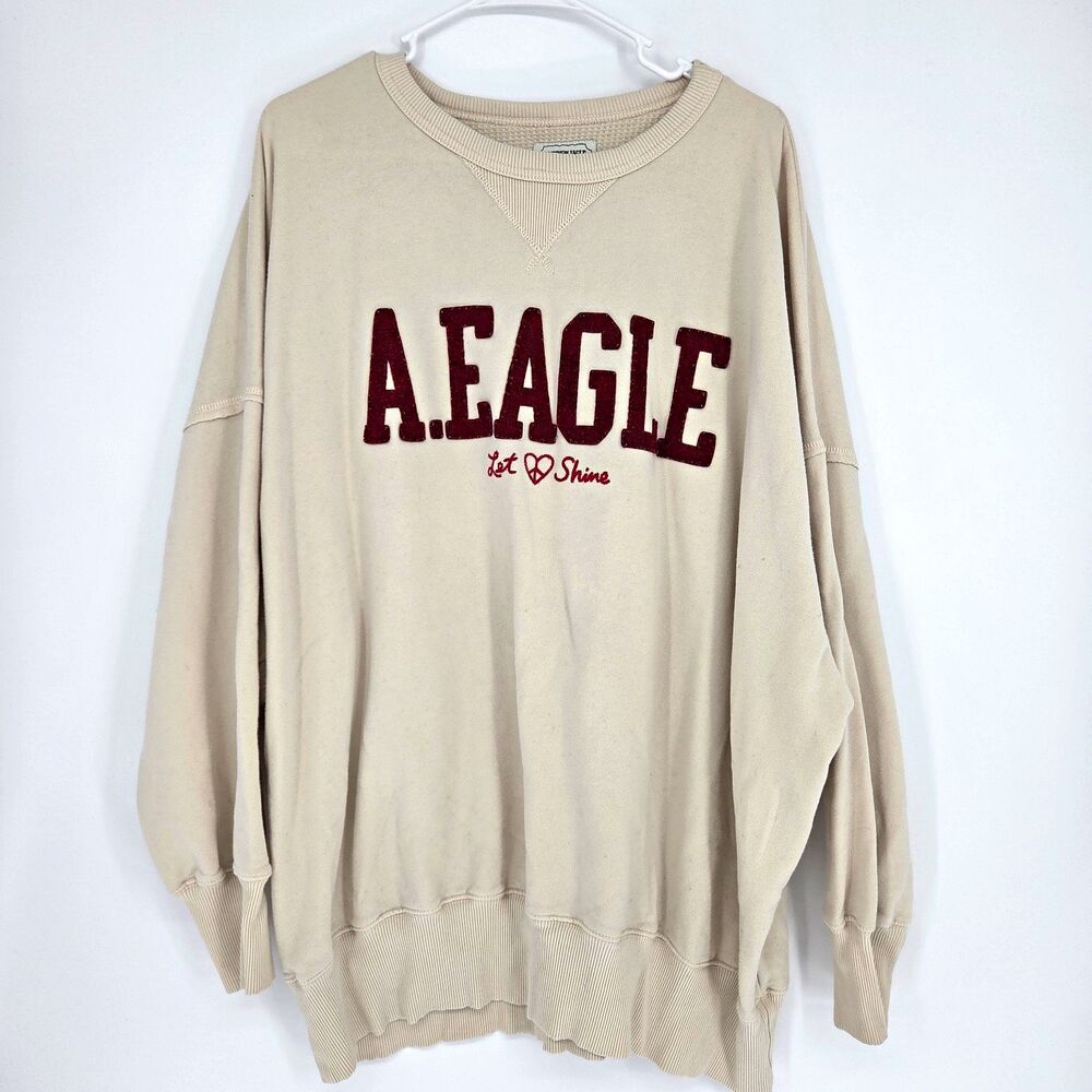 American Eagle Women's 2XL Oversized Beige Crewneck Pullover Sweatshirt FLAWED
